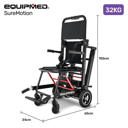 Hlpmedical EQUIPMED electric stair climbing wheelchair with aluminium alloy frame, foldable design, and 169kg load capacity.