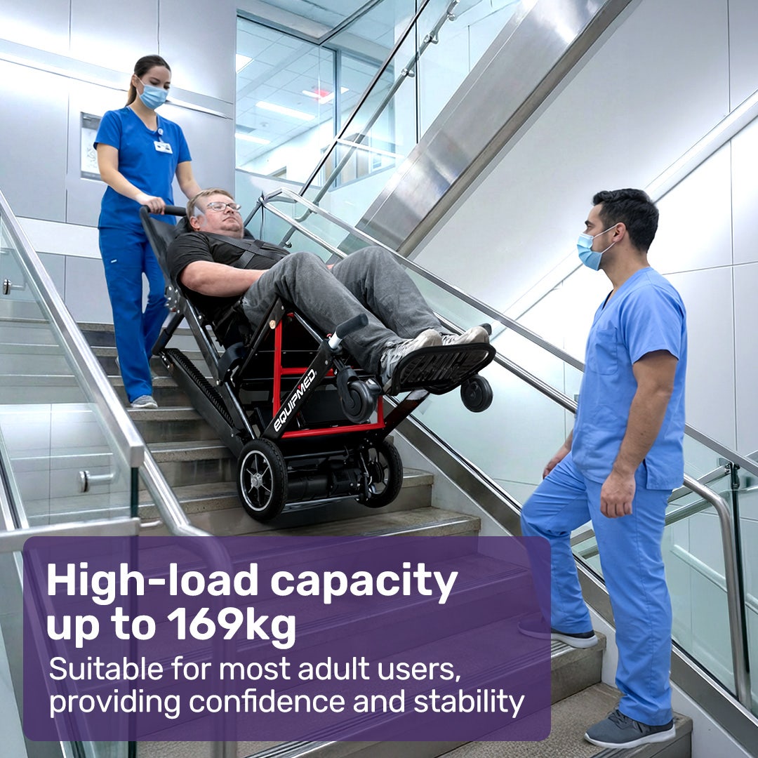 Hlpmedical EQUIPMED electric stair climbing wheelchair with foldable aluminium alloy frame and 169kg capacity.