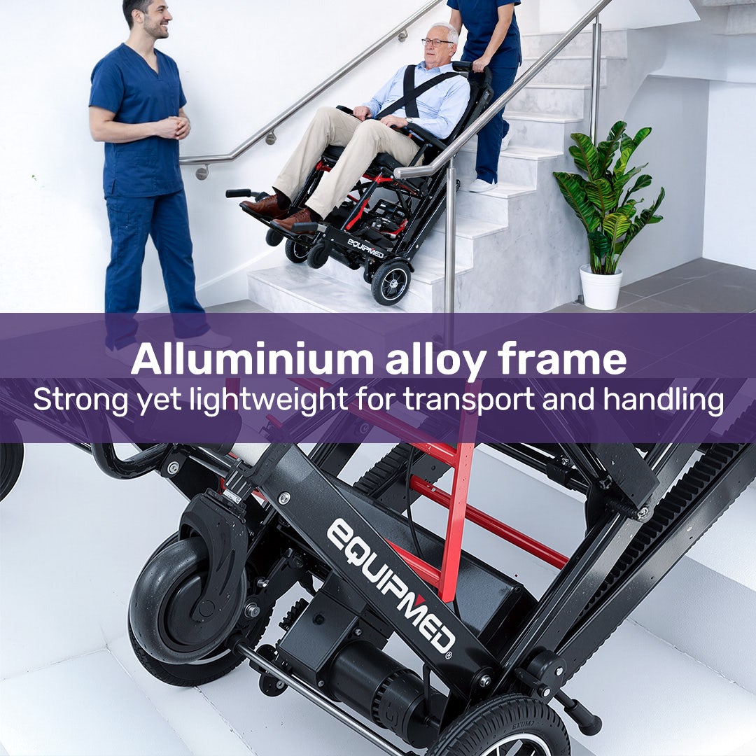 Hlpmedical EQUIPMED electric stair climbing wheelchair with aluminum alloy frame, foldable design, 169kg capacity, on a clean white background.