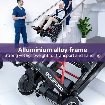 Hlpmedical EQUIPMED electric stair climbing wheelchair with aluminum alloy frame, foldable design, 169kg capacity, on a clean white background.