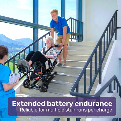 Hlpmedical EQUIPMED electric stair climbing wheelchair with aluminium alloy frame, foldable design, 169kg load capacity, and 46 steps/min.