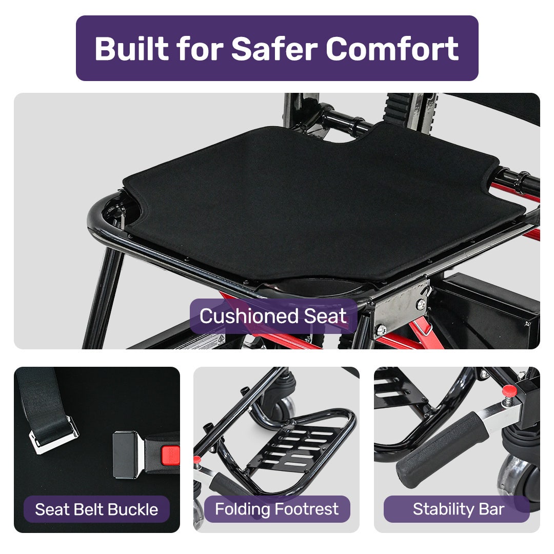 Hlpmedical EQUIPMED electric stair climbing wheelchair with aluminium alloy frame, foldable design, and 169kg load capacity.