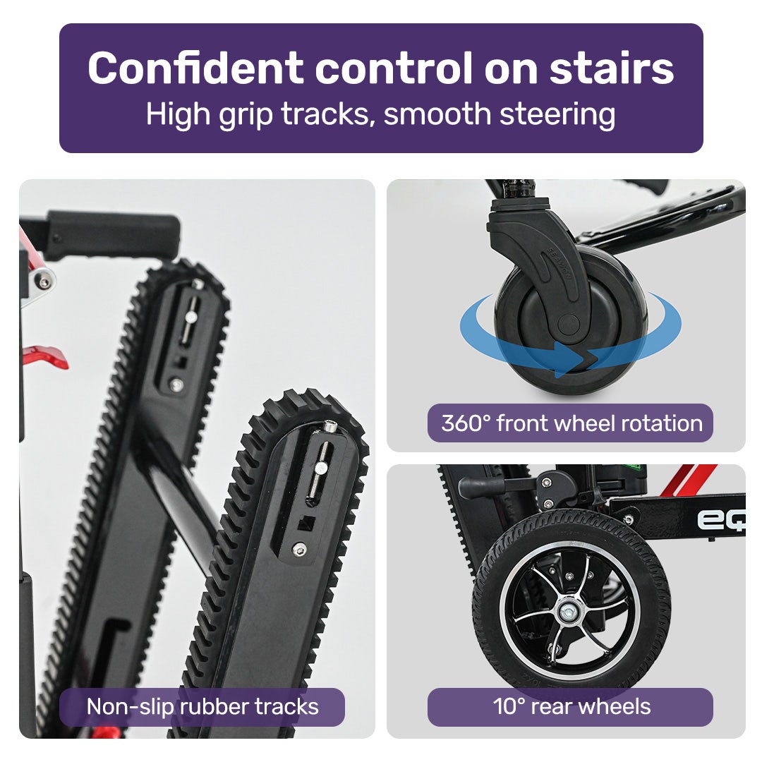 Hlpmedical EQUIPMED electric stair climbing wheelchair with aluminium alloy frame, foldable design, 169kg load capacity, and step climbing features.
