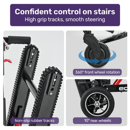 Hlpmedical EQUIPMED electric stair climbing wheelchair with aluminium alloy frame, foldable design, 169kg load capacity, and step climbing features.