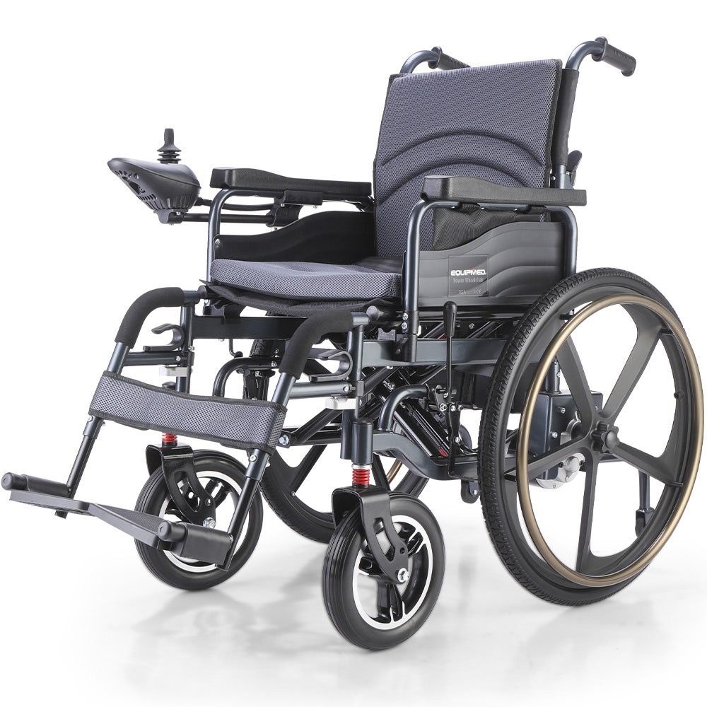 Hlpmedical EQUIPMED electric wheelchair in black with 24-inch rear wheels, folding design, and lithium battery for long-range mobility.