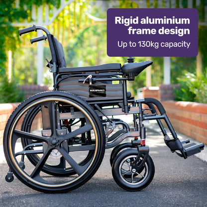 Hlpmedical EQUIPMED electric wheelchair with black folding design, 24-inch rear wheels, lithium battery, ideal for mobility and accessibility.