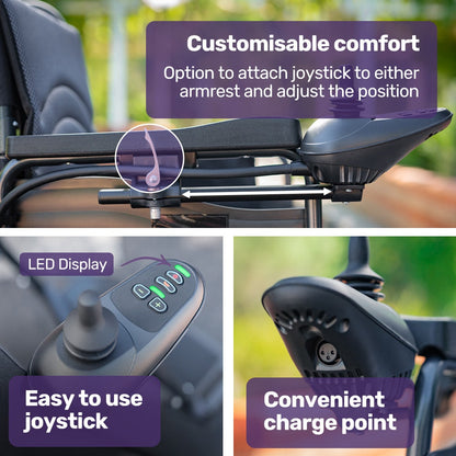 Hlpmedical EQUIPMED electric folding wheelchair with 24-inch rear wheels, black frame, lithium battery, designed for long-range mobility.