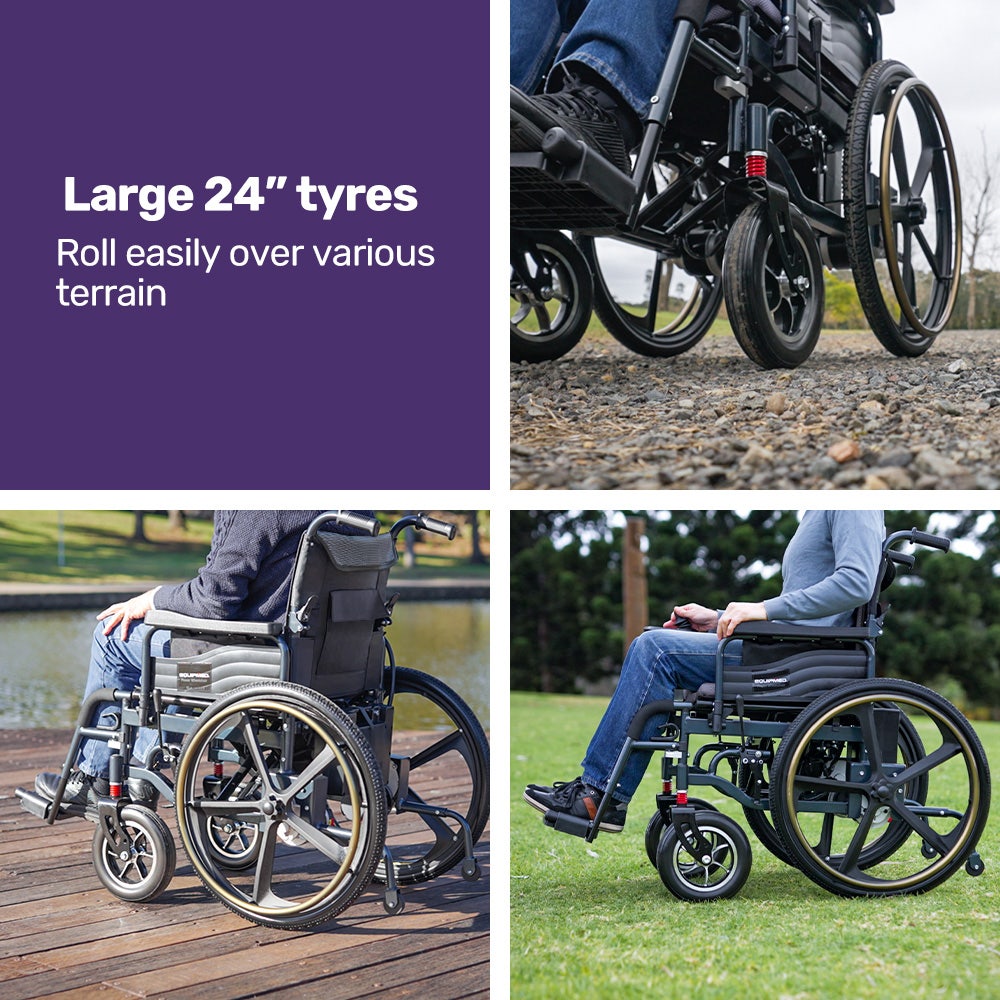 Black EQUIPMED electric wheelchair with 24-inch rear wheels, foldable design, lithium battery, suitable for mobility and accessibility.