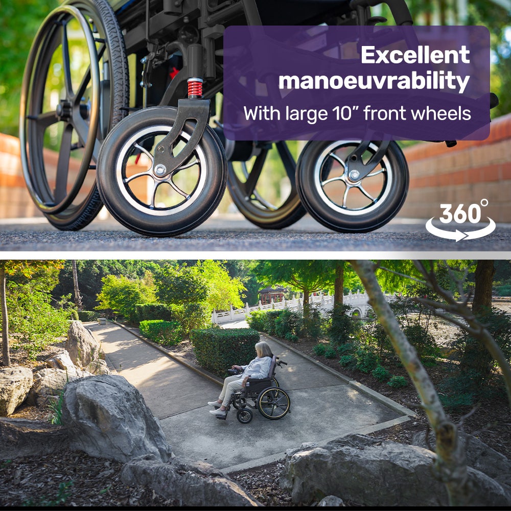 Black EQUIPMED electric wheelchair with 24-inch rear wheels, folding design, lithium battery, suitable for mobility and accessibility needs.
