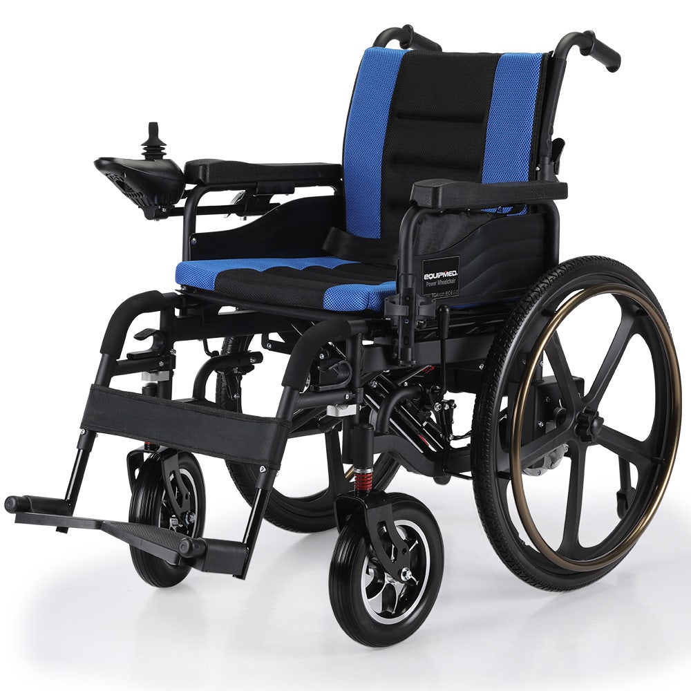 Hlpmedical EQUIPMED electric folding wheelchair with 24-inch light rear wheels, matte black and blue finish, lithium battery, airline approved