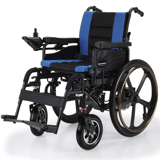 Hlpmedical EQUIPMED electric folding wheelchair with 24-inch light rear wheels, matte black and blue finish, lithium battery, airline approved