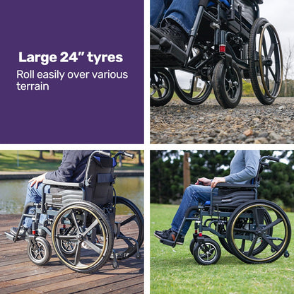 Hlpmedical EQUIPMED electric wheelchair with matte black and blue finish, folding design, 24-inch rear wheels, and lithium battery.