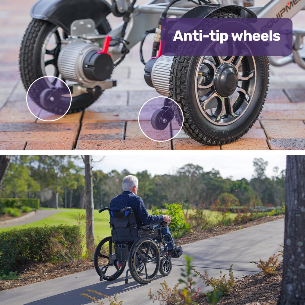 Hlpmedical EQUIPMED electric wheelchair in matte black and blue with 24-inch rear wheels, folding design, and lithium battery.