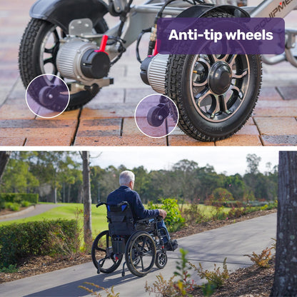 Hlpmedical EQUIPMED electric wheelchair in matte black and blue with 24-inch rear wheels, folding design, and lithium battery.