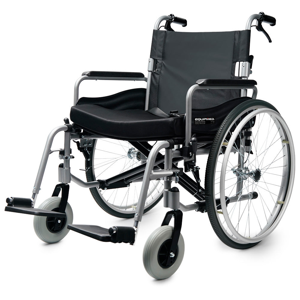 Hlpmedical EQUIPMED extra-wide folding wheelchair with aluminium frame, 24-inch wheels, park brakes, black color, 150kg capacity.