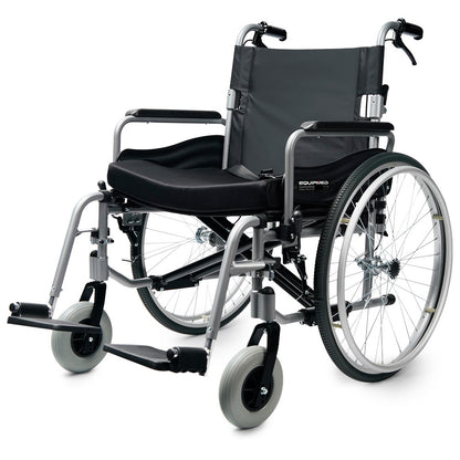 Hlpmedical EQUIPMED extra-wide folding wheelchair with aluminium frame, 24-inch wheels, park brakes, black color, 150kg capacity.