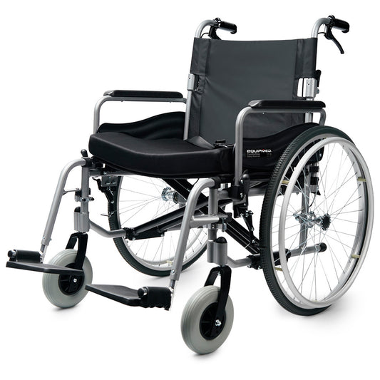 Hlpmedical EQUIPMED extra-wide folding wheelchair with aluminium frame, 24-inch wheels, park brakes, black color, 150kg capacity.