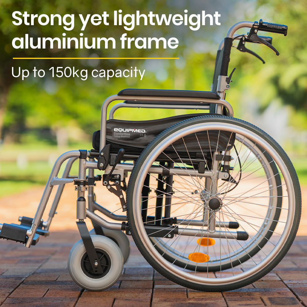 Hlpmedical EQUIPMED extra-wide folding wheelchair with black aluminium frame, 24-inch wheels, park brakes, and 150kg capacity.