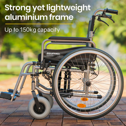 Hlpmedical EQUIPMED extra-wide folding wheelchair with black aluminium frame, 24-inch wheels, park brakes, and 150kg capacity.