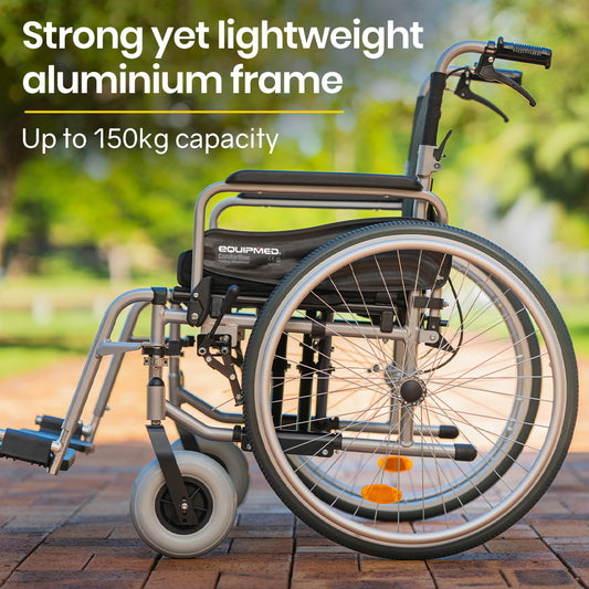 Hlpmedical EQUIPMED extra-wide folding wheelchair with black aluminium frame, 24-inch wheels, park brakes, and 150kg capacity.