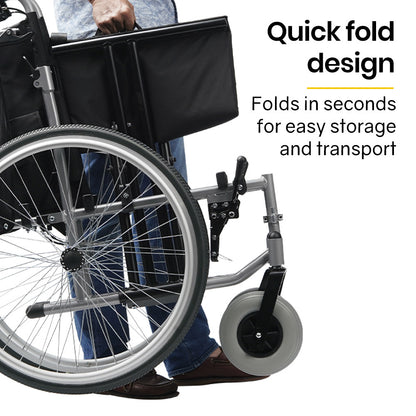 Hlpmedical Equipmed extra-wide folding wheelchair with black aluminium frame, 24-inch wheels, park brakes, and 150kg capacity.