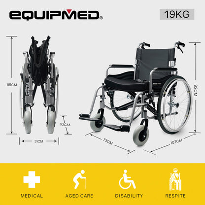 Hlpmedical EQUIPMED extra-wide folding wheelchair with black aluminium frame, 24-inch wheels, park brakes, and 150kg capacity.