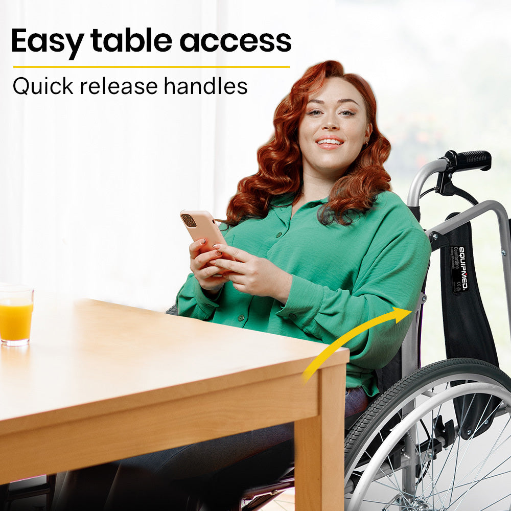Hlpmedical EQUIPMED extra-wide folding wheelchair with black aluminium frame, 24-inch wheels, park brakes, supports 150kg capacity.