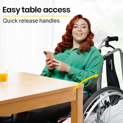Hlpmedical EQUIPMED extra-wide folding wheelchair with black aluminium frame, 24-inch wheels, park brakes, supports 150kg capacity.