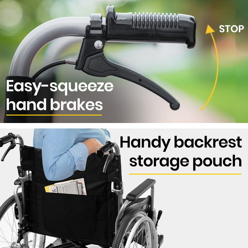 Hlpmedical EQUIPMED extra-wide folding wheelchair with black aluminium frame, 24-inch wheels, park brakes, suitable for 150kg capacity