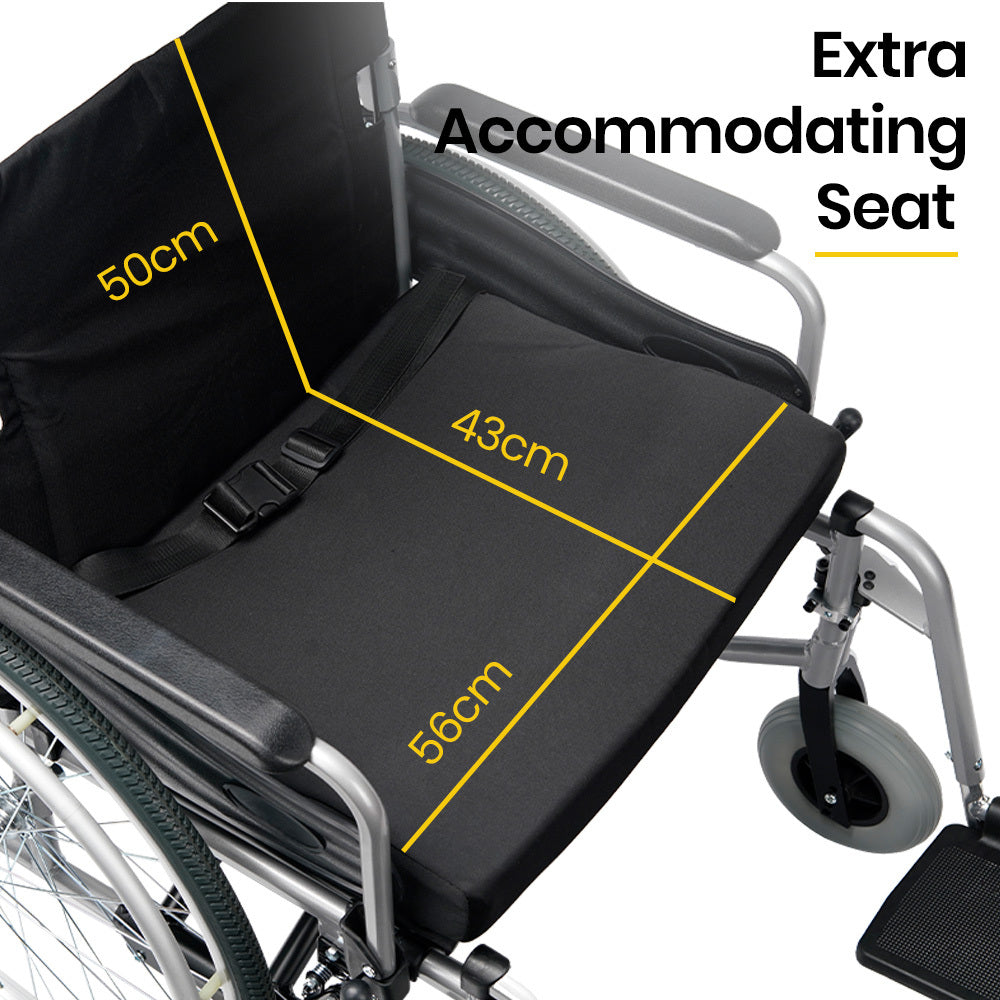 Hlpmedical EQUIPMED extra-wide folding wheelchair with black aluminium frame, 24-inch wheels, park brakes, suitable for up to 150kg.