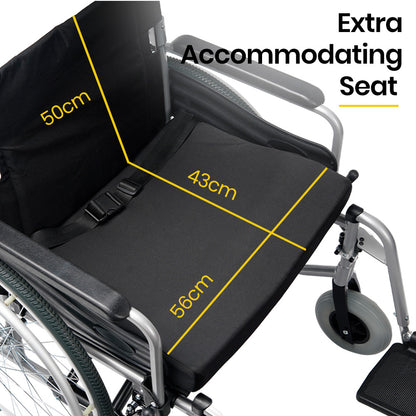 Hlpmedical EQUIPMED extra-wide folding wheelchair with black aluminium frame, 24-inch wheels, park brakes, suitable for up to 150kg.