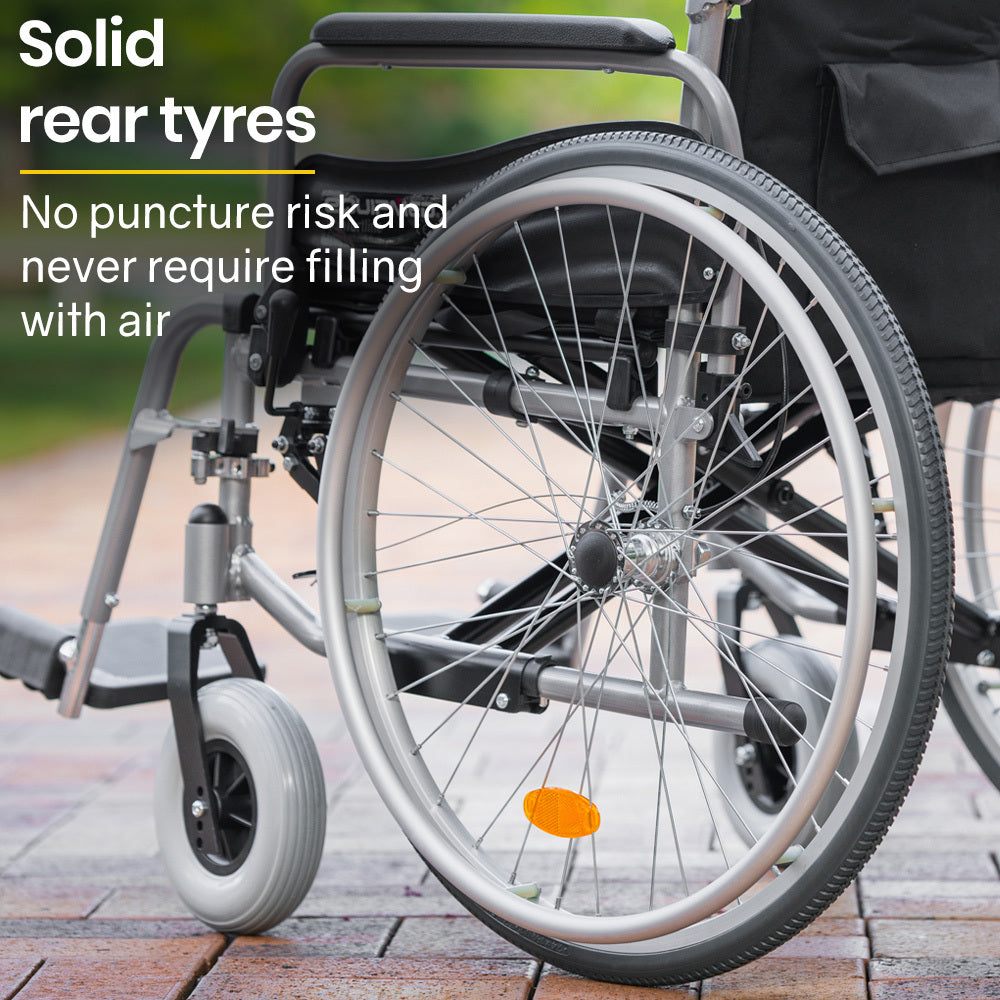 Hlpmedical EQUIPMED extra-wide folding wheelchair with black aluminium frame, 24-inch wheels, park brakes, suitable for 150kg capacity.