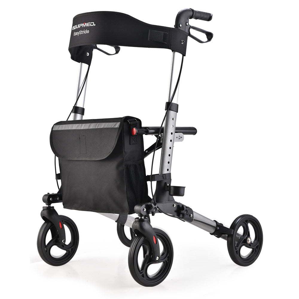 Hlpmedical EQUIPMED foldable aluminium walking frame rollator with a seat and bag in silver, designed for mobility and support.