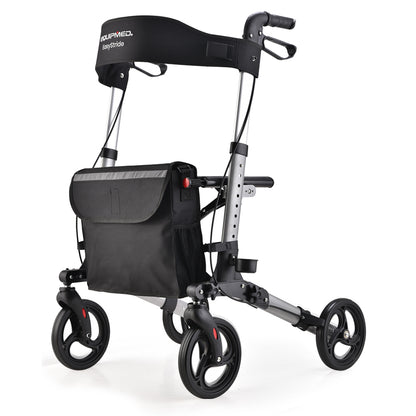 Hlpmedical EQUIPMED foldable aluminium walking frame rollator with a seat and bag in silver, designed for mobility and support.