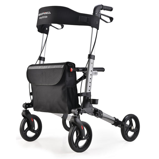 Hlpmedical EQUIPMED foldable aluminium walking frame rollator with a seat and bag in silver, designed for mobility and support.