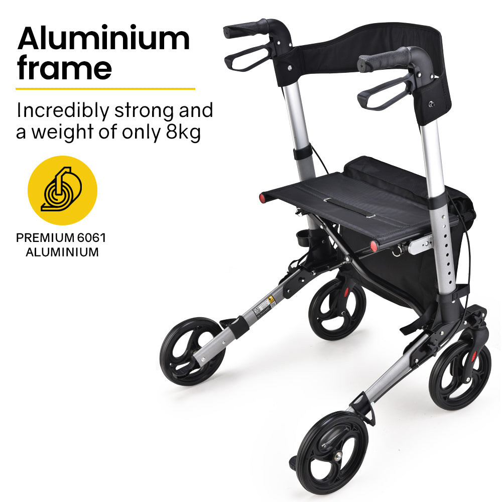 Silver EQUIPMED foldable aluminium walking frame rollator with seat and bag, designed for mobility and easy transport.