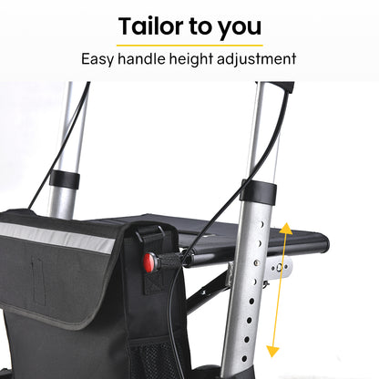 Silver EQUIPMED foldable aluminium walking frame rollator with seat and attached bag for mobility and support.