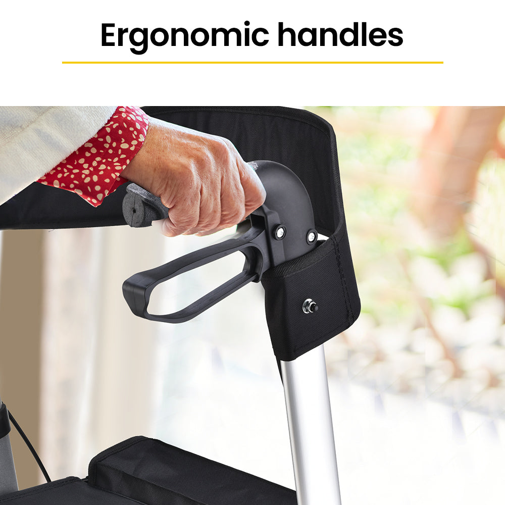 Silver EQUIPMED foldable aluminium walking frame rollator with a seat and bag, designed for mobility and accessibility support.