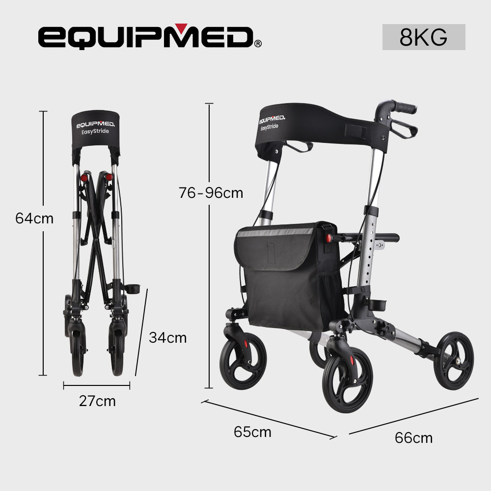 Silver EQUIPMED foldable aluminium walking frame rollator with bag and seat, designed for mobility and easy transport.