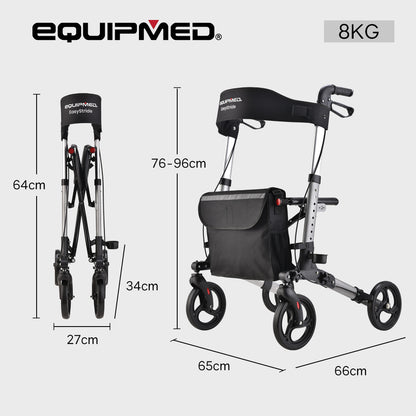 Silver EQUIPMED foldable aluminium walking frame rollator with bag and seat, designed for mobility and easy transport.