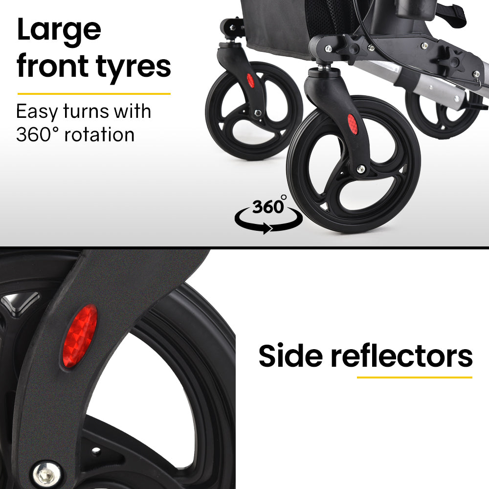 Silver EQUIPMED foldable aluminium walking frame rollator with a bag and seat for mobility support and stability.