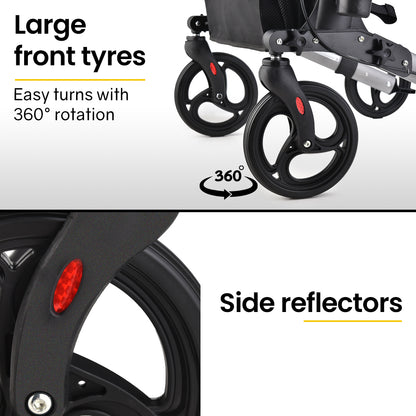 Silver EQUIPMED foldable aluminium walking frame rollator with a bag and seat for mobility support and stability.