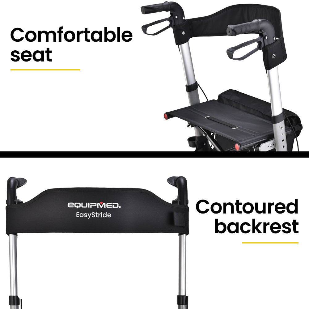 Hlpmedical EQUIPMED foldable aluminium walking frame rollator with a seat and bag in silver, designed for mobility and support