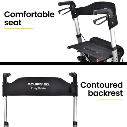 Hlpmedical EQUIPMED foldable aluminium walking frame rollator with a seat and bag in silver, designed for mobility and support