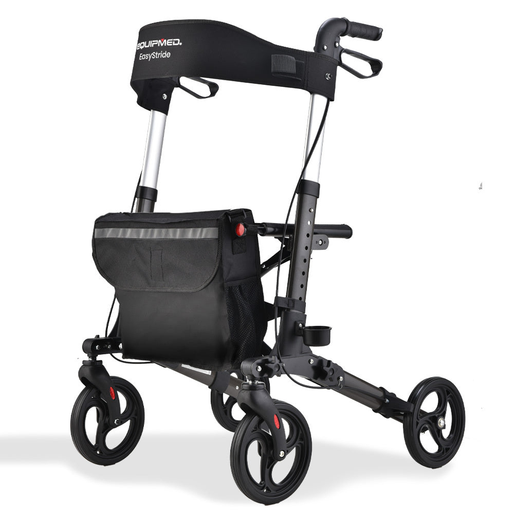 Hlpmedical EQUIPMED foldable aluminium walking frame rollator with adjustable seat, bag, and titanium finish for mobility assistance.