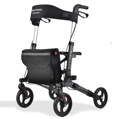 Hlpmedical EQUIPMED foldable aluminium walking frame rollator with adjustable seat, bag, and titanium finish for mobility assistance.