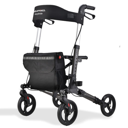 Hlpmedical EQUIPMED foldable aluminium walking frame rollator with adjustable seat, bag, and titanium finish for mobility assistance.
