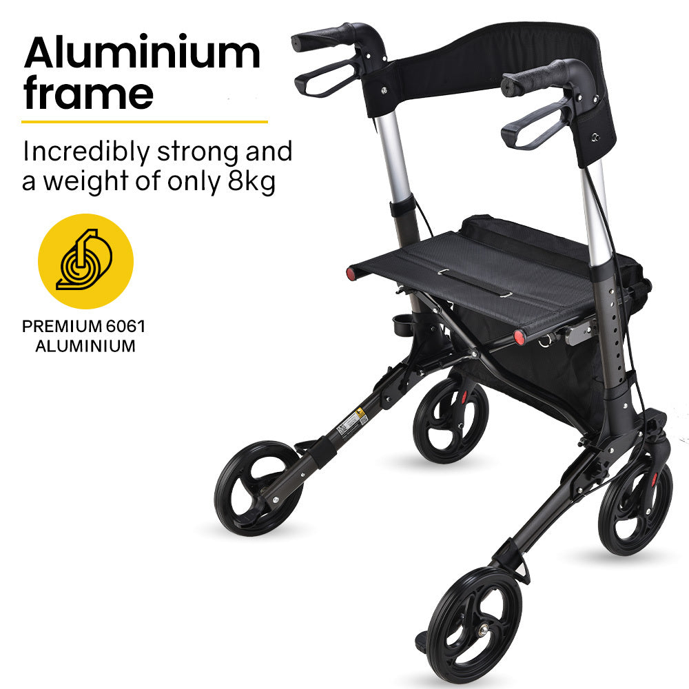 Foldable aluminium walking frame rollator with a bag and seat in titanium colour, designed for mobility and accessibility.