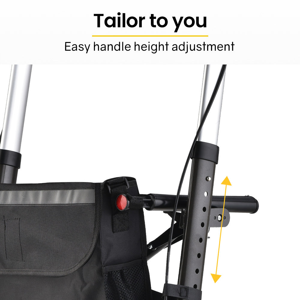 EquipMed foldable aluminium walking frame rollator with bag and seat in titanium color, lightweight mobility aid for seniors.