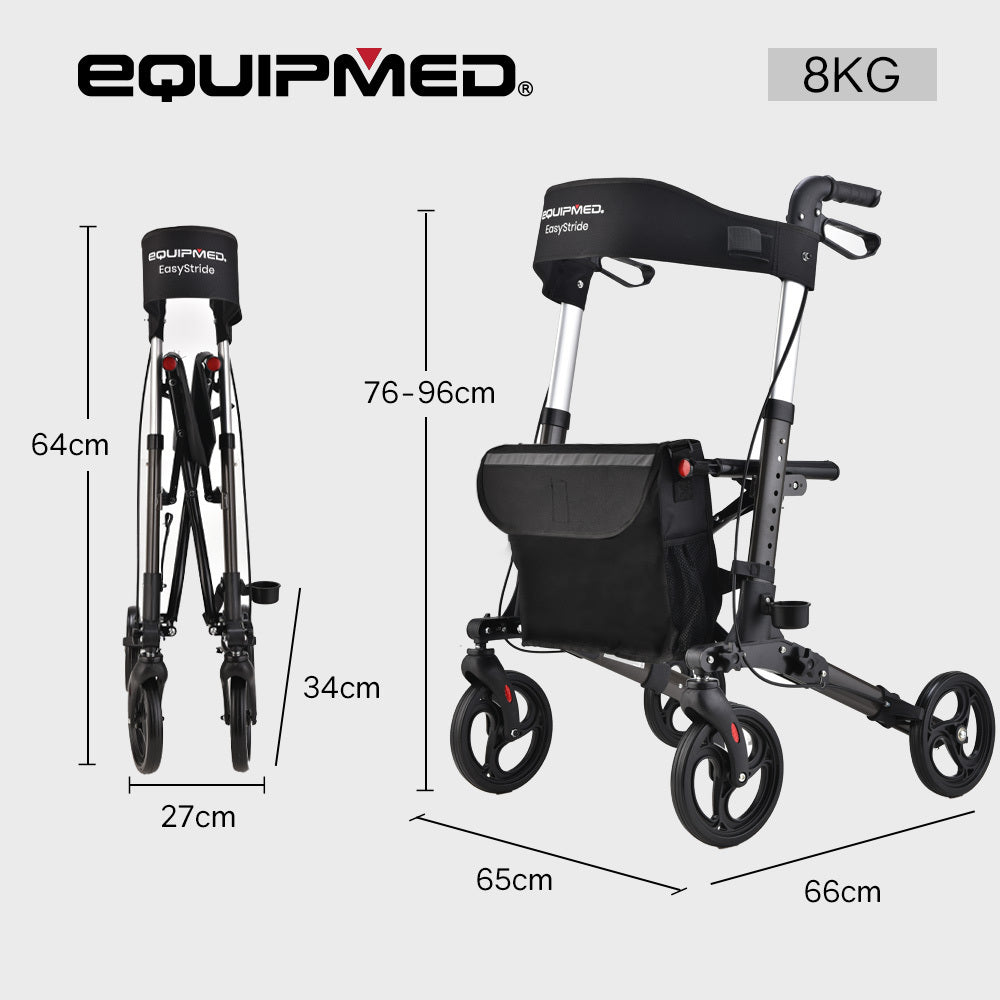 Hlpmedical EQUIPMED foldable aluminium walking frame rollator with seat and bag in titanium color, for mobility and support.